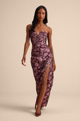 D’Amore Plum Floral Jacquard Strapless Tulip Maxi Dress