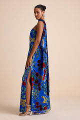 Corelia Blue Floral Velvet Burnout Strapless Sash Maxi Dress