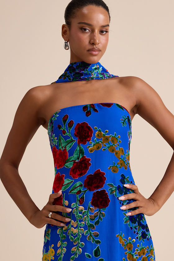 Corelia Blue Floral Velvet Burnout Strapless Sash Maxi Dress