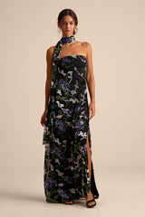 Corelia Black Floral Velvet Burnout Strapless Sash Maxi Dress