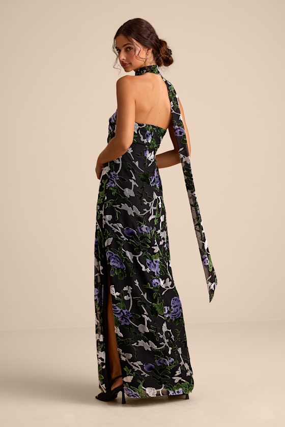 Corelia Black Floral Velvet Burnout Strapless Sash Maxi Dress
