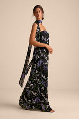Corelia Black Floral Velvet Burnout Strapless Sash Maxi Dress