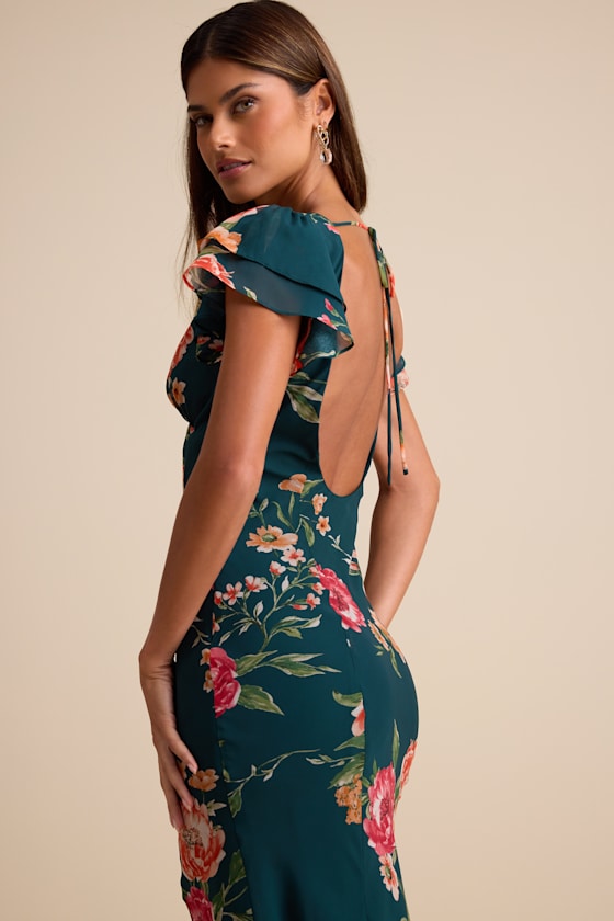 Resme Emerald Floral Flutter Sleeve Mermaid Maxi Dress