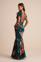 Resme Emerald Floral Flutter Sleeve Mermaid Maxi Dress