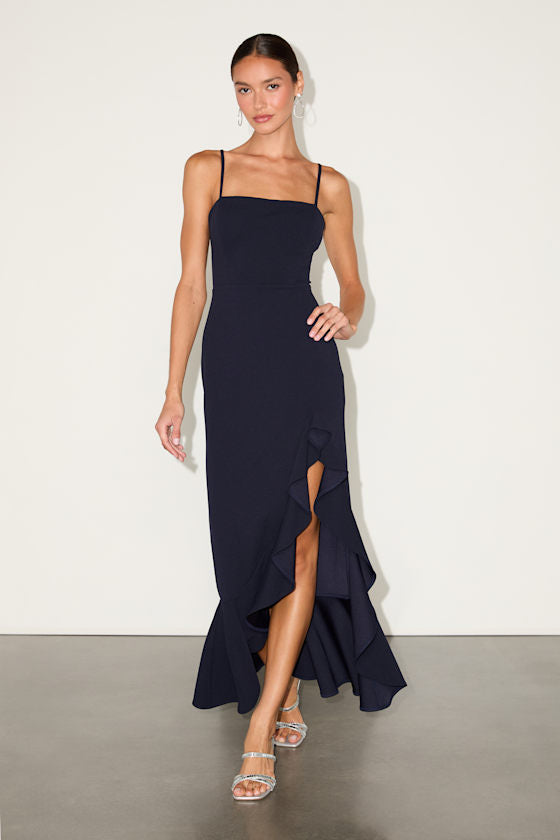 Iveta Navy Cutout Ruffled Sleeveless Midi Dress