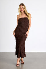 Faelyn Brown Strapless Ruffled Midi Dress