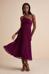 Wondrous Muse Plum Pleated One-Shoulder Midi Dress