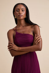 Wondrous Muse Plum Pleated One-Shoulder Midi Dress