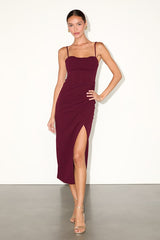 Always Turning Heads Burgundy Bustier Tulip Midi Dress