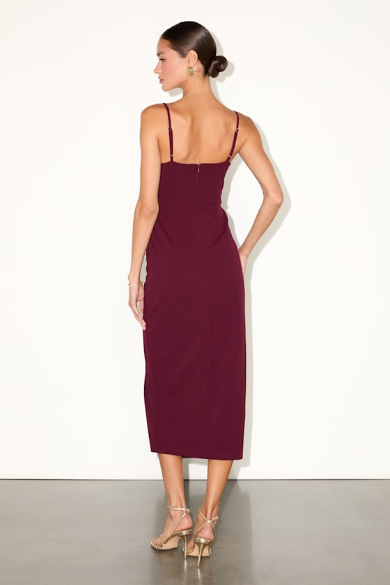 Always Turning Heads Burgundy Bustier Tulip Midi Dress