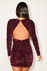 Marvelous Radiance Burgundy Sequin Cutout Long Sleeve Mini Dress