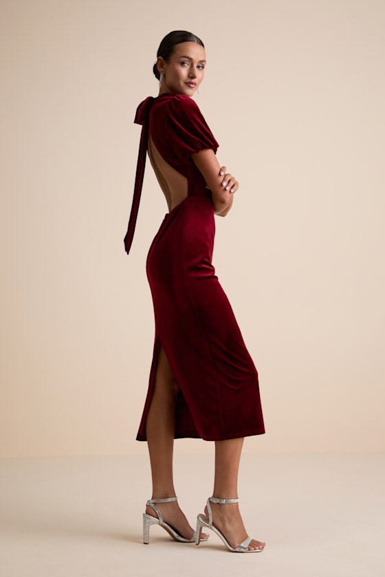 Fabulous Intuition Burgundy Velvet Backless Column Midi Dress