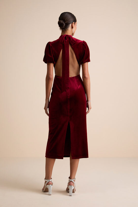 Fabulous Intuition Burgundy Velvet Backless Column Midi Dress