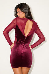 Irresistible Details Burgundy Velvet Mesh Long Sleeve Mini Dress