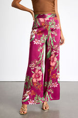 Thriving Vibes Fuchsia Floral Print Satin Wide-Leg Pants