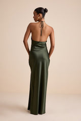 Gracie Olive Green Satin Halter Neck Maxi Dress