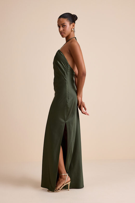 Gracie Olive Green Satin Halter Neck Maxi Dress