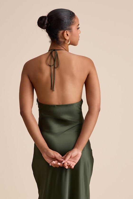 Gracie Olive Green Satin Halter Neck Maxi Dress
