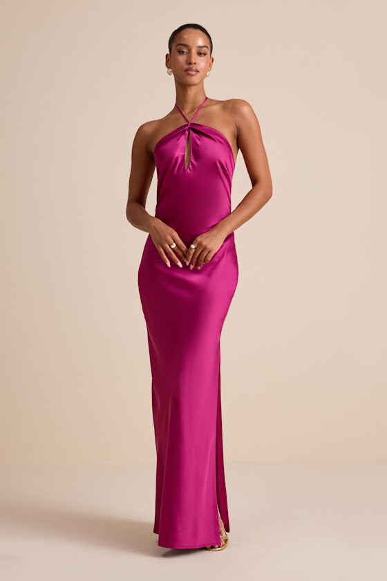 Gracie Magenta Satin Halter Neck Maxi Dress
