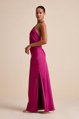Gracie Magenta Satin Halter Neck Maxi Dress