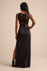 Akasha Black Sheer Lace Mixed-Media Maxi Dress