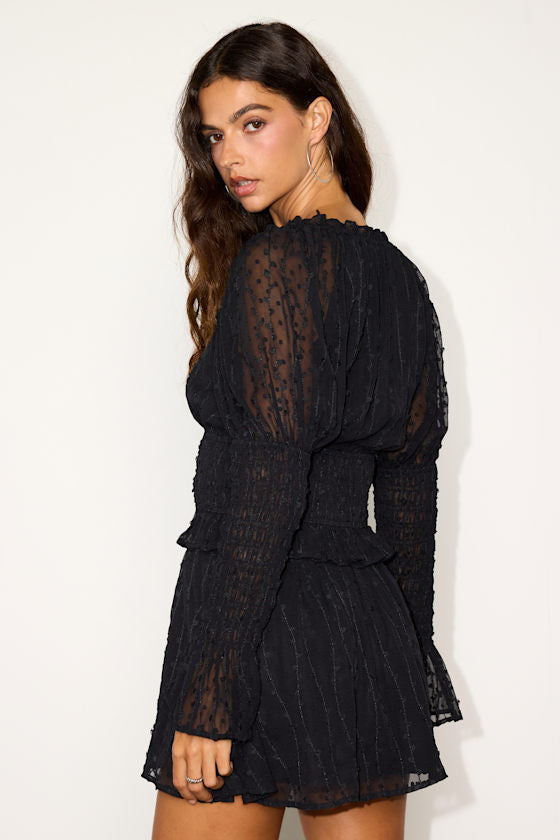 Katima Black Swiss Dot Textured Long Sleeve Top