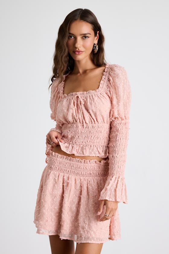 Katima Blush Pink Swiss Dot Textured Long Sleeve Top
