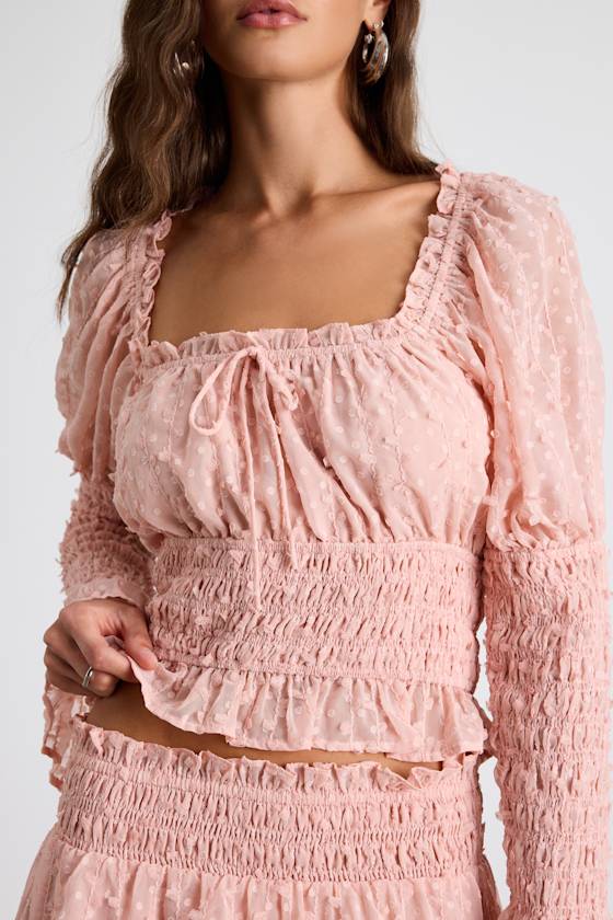 Katima Blush Pink Swiss Dot Textured Long Sleeve Top