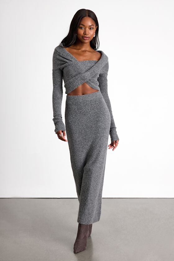 Alfina Grey Knit Cross-Front Cropped Sweater Top