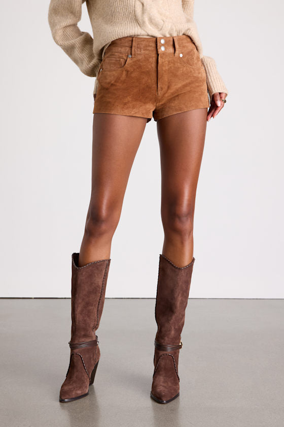 Tanner Tan Suede Mid-Rise Micro Shorts