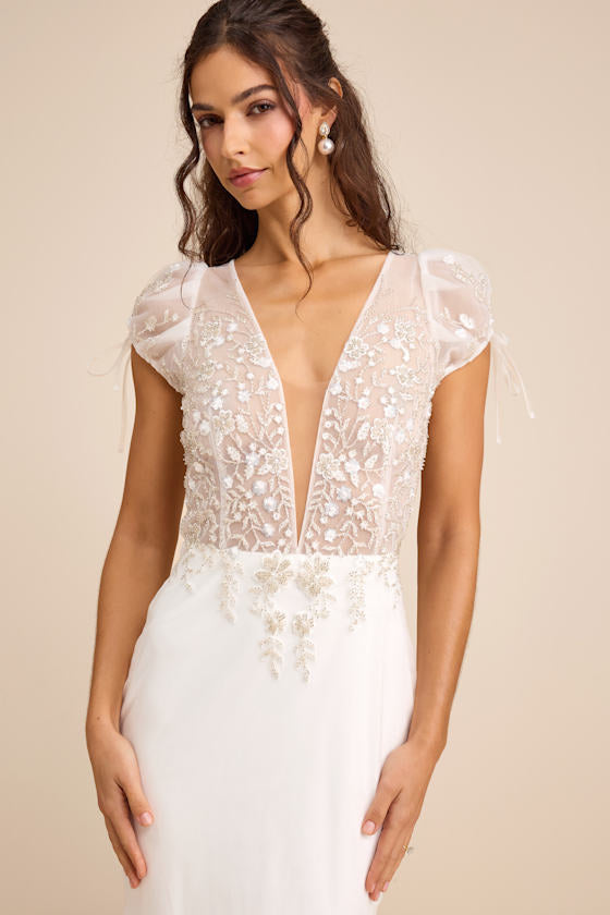 Ballina White Mesh Beaded Backless Mermaid Maxi Dress