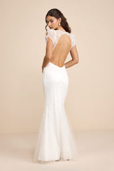 Ballina White Mesh Beaded Backless Mermaid Maxi Dress