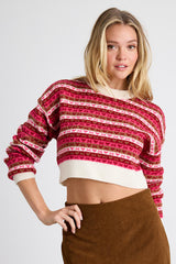 Townes Pink Striped Heart and Bow Cropped Sweater Top