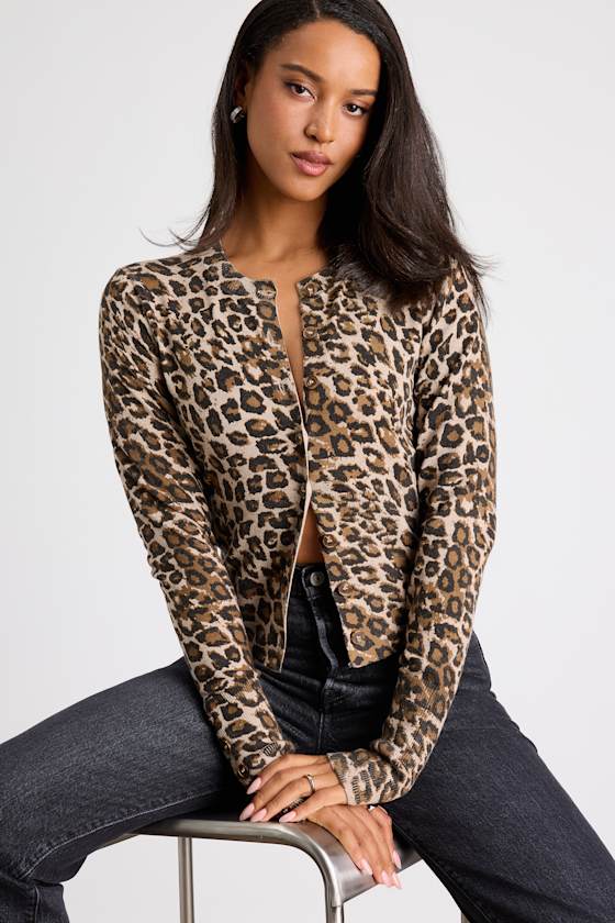 Alfara Brown Leopard Print Button-Front Cardigan Sweater
