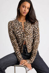 Alfara Brown Leopard Print Button-Front Cardigan Sweater