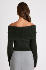 Ravenna Forest Green Eyelash Knit Off-the-Shoulder Sweater Top