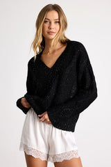 Ewan Black Sequin Cable Knit V-Neck Sweater