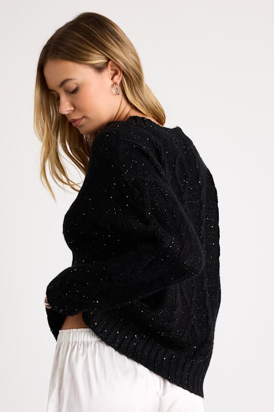 Ewan Black Sequin Cable Knit V-Neck Sweater