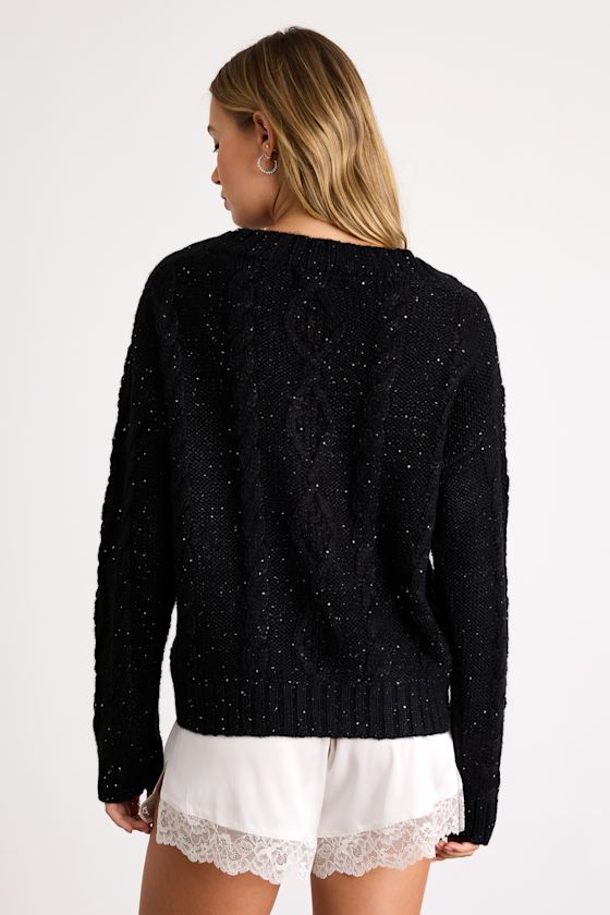 Ewan Black Sequin Cable Knit V-Neck Sweater