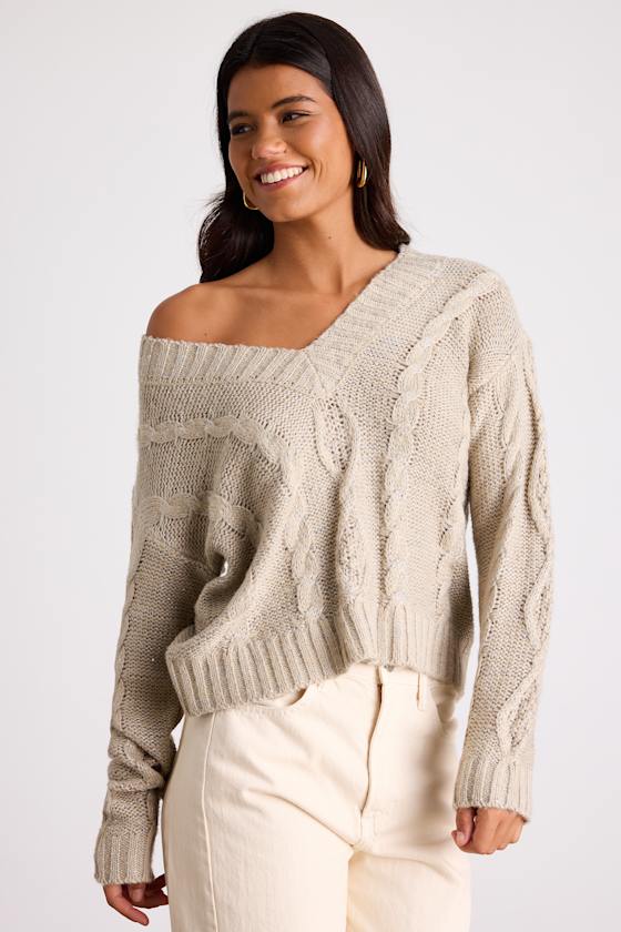 Ewan Light Grey Sequin Cable Knit V-Neck Sweater