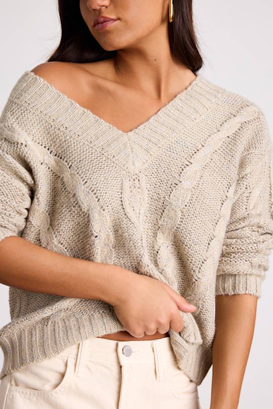 Ewan Light Grey Sequin Cable Knit V-Neck Sweater