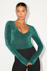 Stelly Shiny Emerald Velvet Textured Long Sleeve Bodysuit
