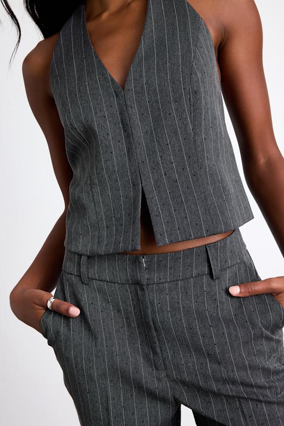 Thalina Dark Grey Pinstriped Rhinestone Halter Vest Top