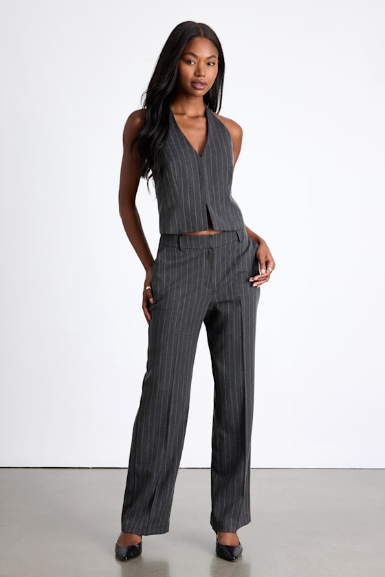 Thalina Dark Grey Pinstriped Rhinestone Halter Vest Top
