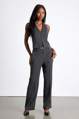 Thalina Dark Grey Pinstriped Rhinestone Halter Vest Top
