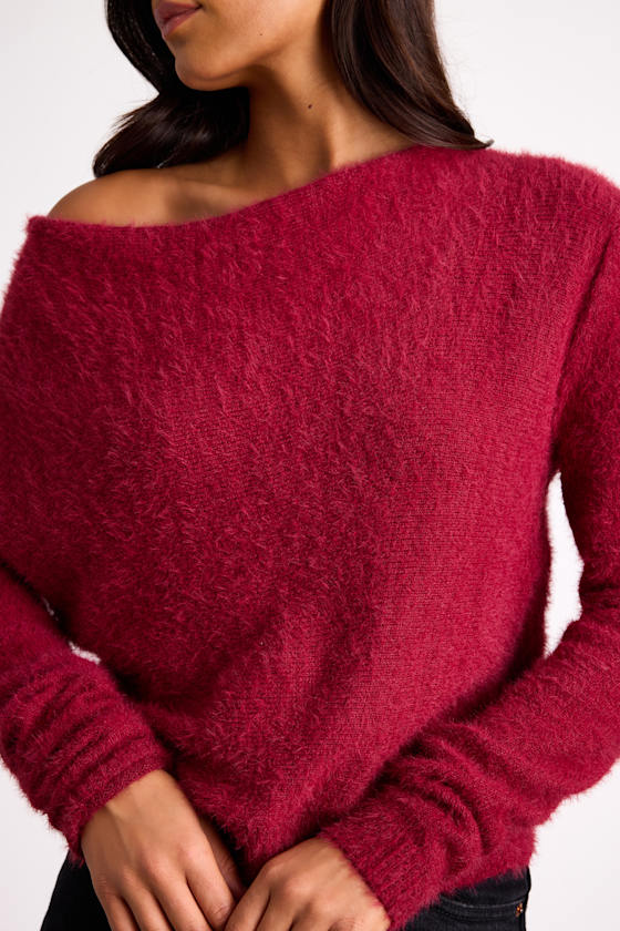 Care For You Berry Red Eyelash Knit Cowl Neck Reversible Sweater