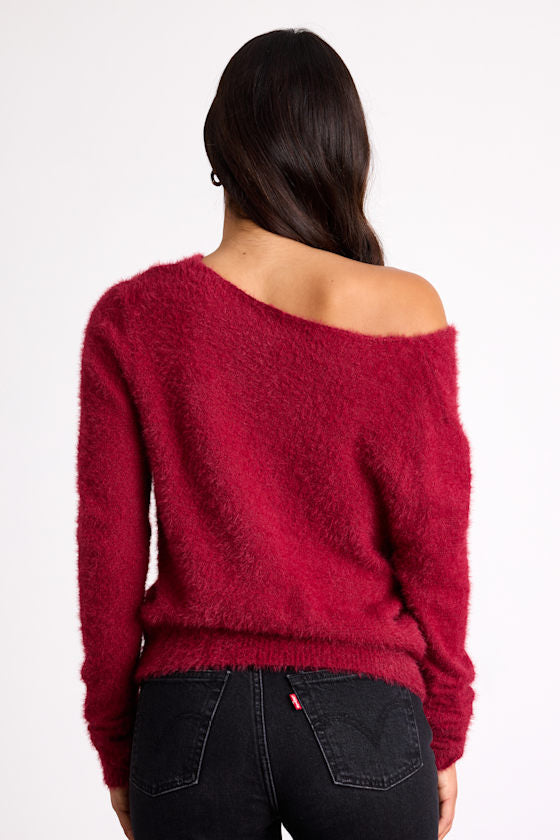 Care For You Berry Red Eyelash Knit Cowl Neck Reversible Sweater