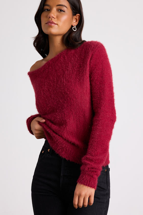 Care For You Berry Red Eyelash Knit Cowl Neck Reversible Sweater
