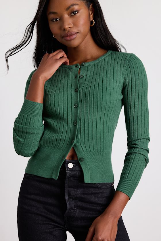 Perfect Classic Dark Green Ribbed Knit Cardigan Sweater