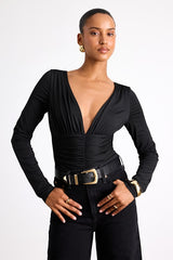 Naiari Black Slinky Knit Ruched Long Sleeve Bodysuit